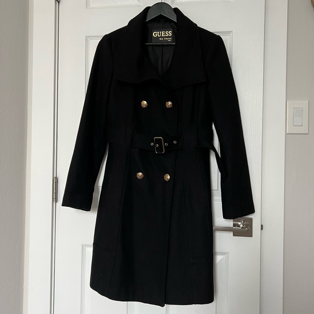 Guess Double Breasted Belted Coat with Gold Details